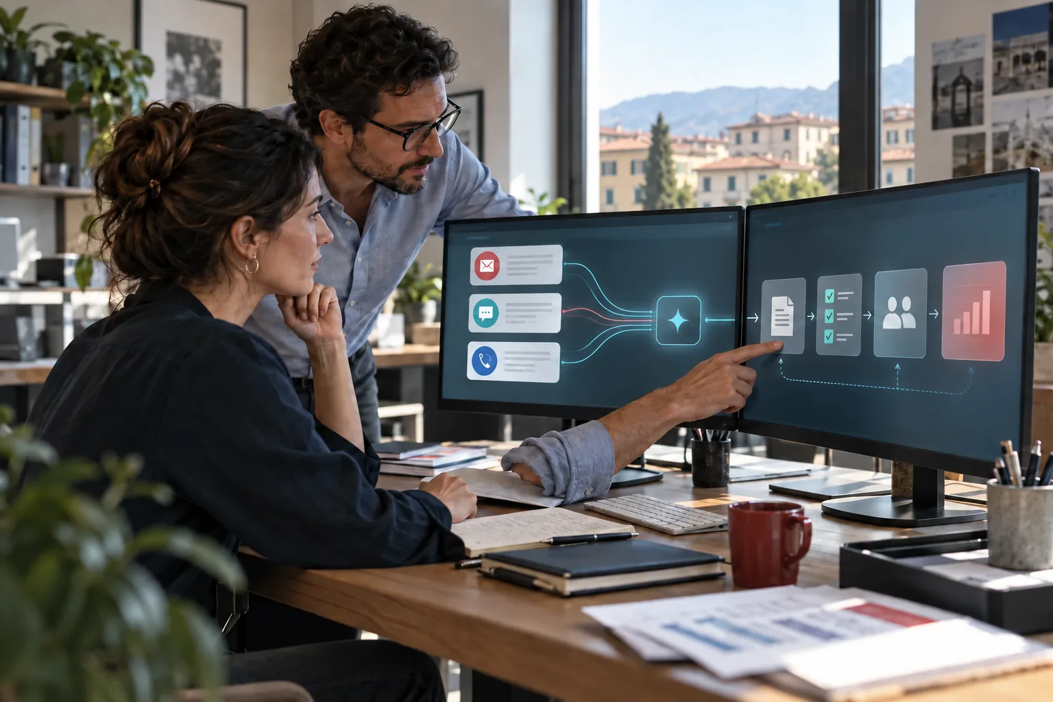 Agenti IA in azienda: come integrarli nei processi senza perdere il controllo Professionisti che verificano un flusso aziendale assistito dall'intelligenza artificiale tra richieste e software gestionale